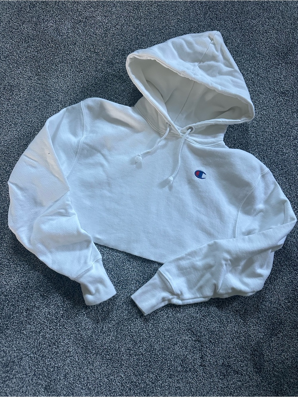 Champion White Cropped Pullover Hoodie with Chest Logo